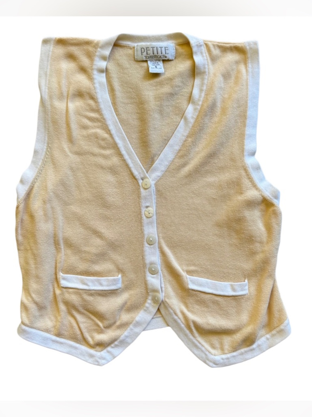 Petite Sophisticate Yellow and White Buttoned Vest - 100% Cotton Size Small 2002